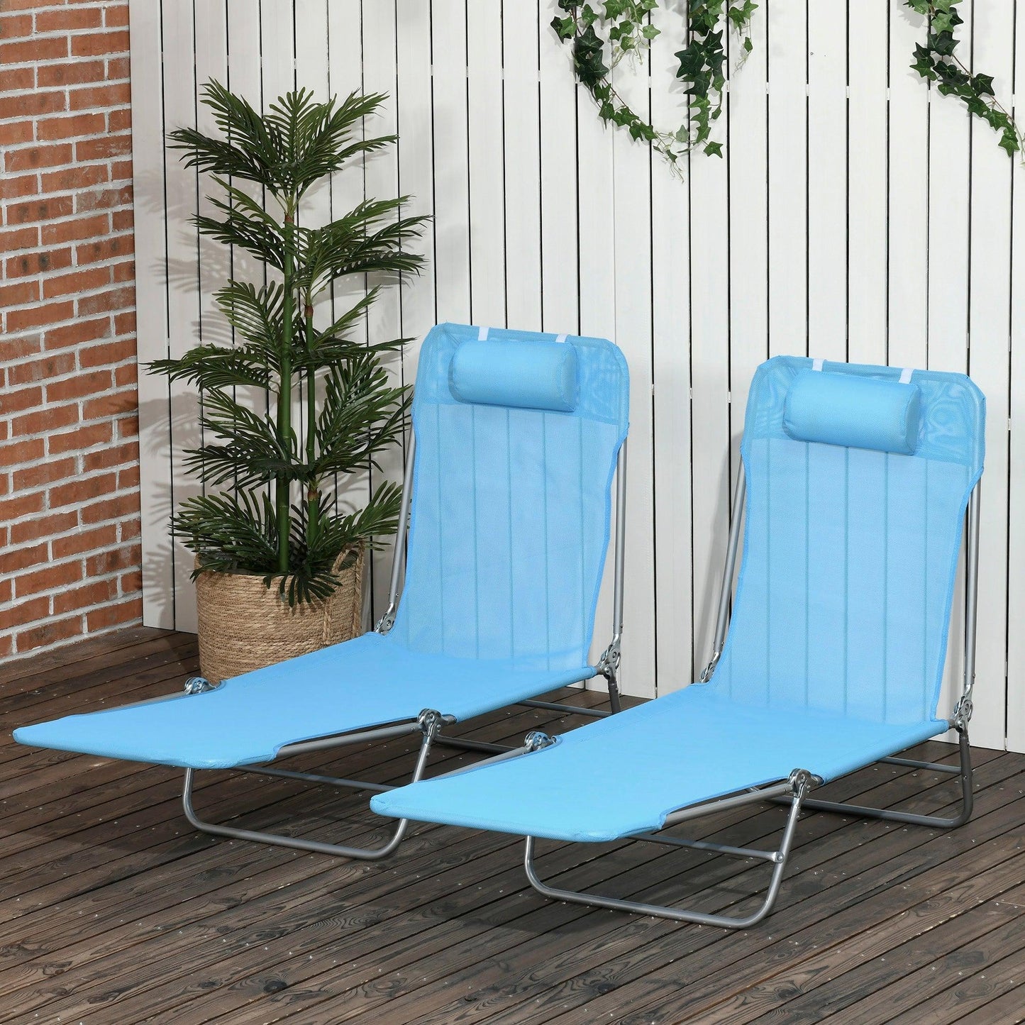 Outdoor and Garden-Folding Chaise Lounge Pool Chairs, Set of 2 Outdoor Sun Tanning Chairs with Pillow, Reclining Back & Breathable Mesh for Beach, Patio, Blue - Outdoor Style Company