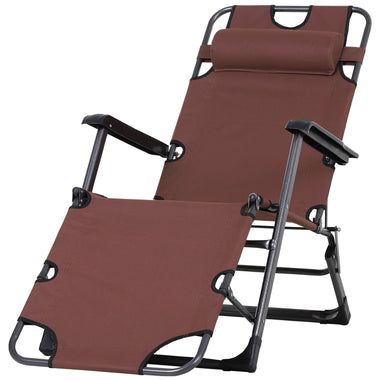 Outdoor and Garden-Folding Lounger Chair Metal Frame Outdoor Pool Sun Lounger Curved Reclining Chair 120° / 180° W/ Head Pillow Brown - Outdoor Style Company
