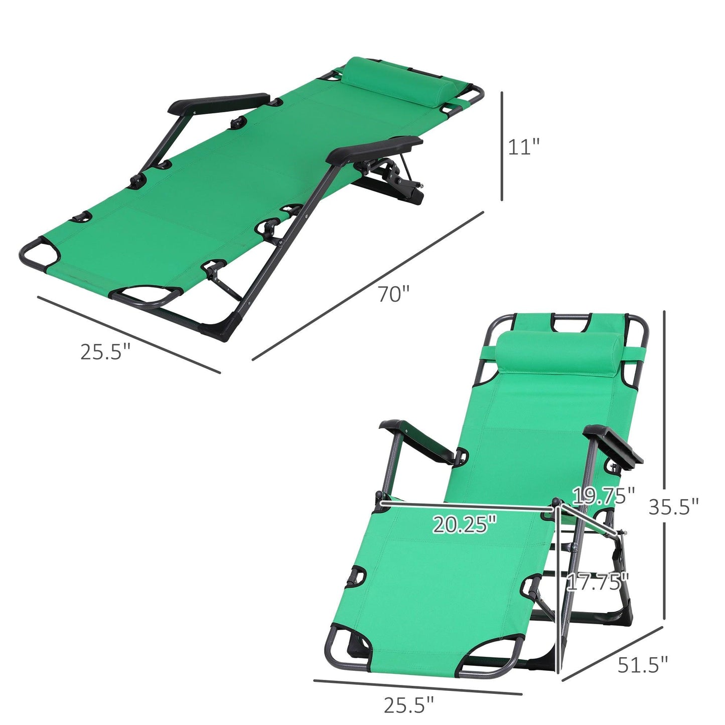 Outdoor and Garden-Folding Lounger Chair Metal Frame Outdoor Pool Sun Lounger Curved Reclining Chair 120° /180° W/ Head Pillow Green - Outdoor Style Company