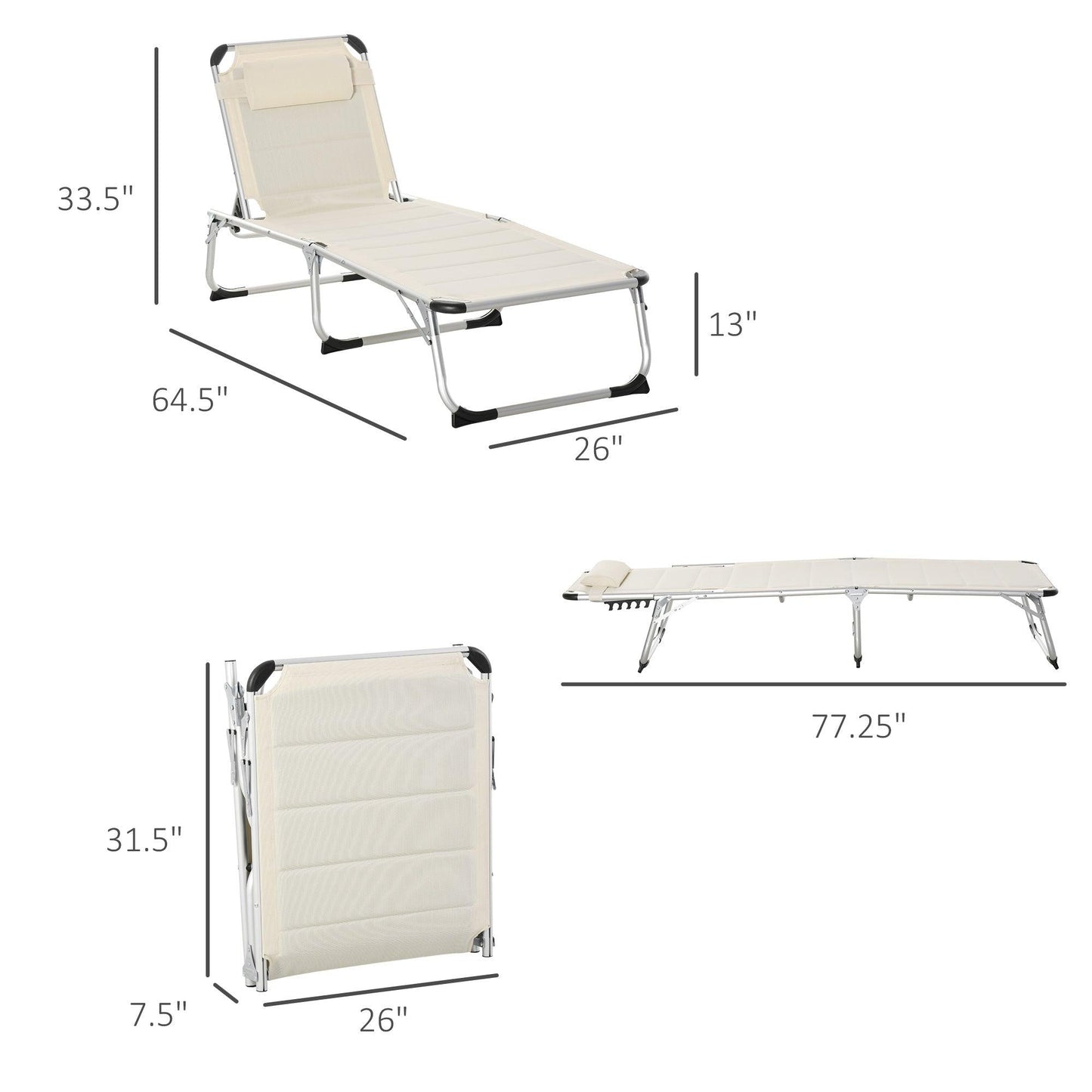 Outdoor and Garden-Folding Lounger Chair Sun Lounger Chair Camping Bed Cot 4-Position Adjustable Back With Pillow For Patio Garden Beach Pool Cream - Outdoor Style Company