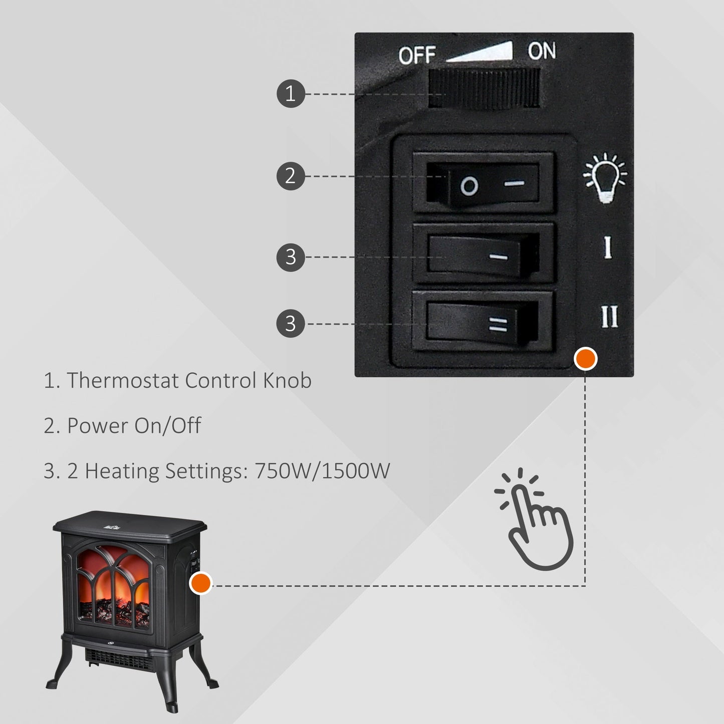 Miscellaneous-Free Standing Electric Fireplace, Fire Place Heater with Flame Effect, Adjustable Temperature & Overheat Protection, 750W/1500W, Black - Outdoor Style Company