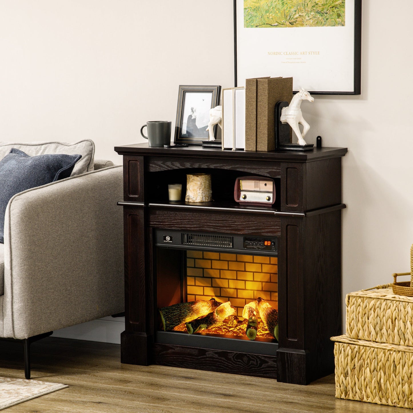 Miscellaneous-Free Standing Electric Fireplace with Mantel, Freestanding Electric Fireplace Heater with Logs Hearth, Shelf and Remote Control, 1400W, Brown - Outdoor Style Company