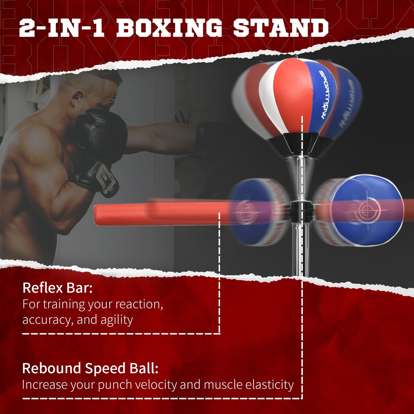 Miscellaneous-Free Standing Speed Bag, Adjustable Boxing Bag with Stand, Reflex Bar, Punching Pad and Suction Cup Base for Adults & Teenagers, Red and Blue - Outdoor Style Company