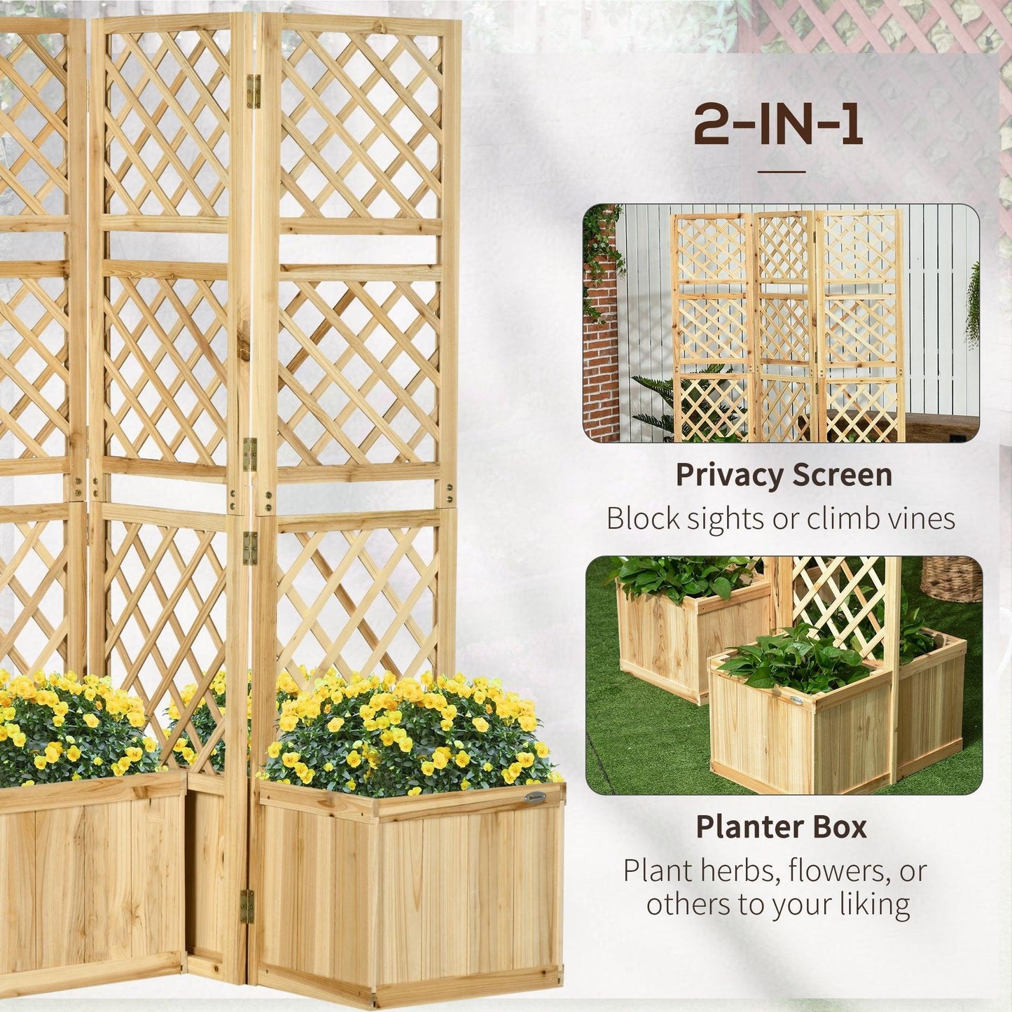 Outdoor and Garden-Freestanding Outdoor Privacy Screen with 4 Self-Draining Raised Garden Beds, 3 Hinged Panels for Hot Tub, Pool, Patio, Backyard, Deck - Outdoor Style Company