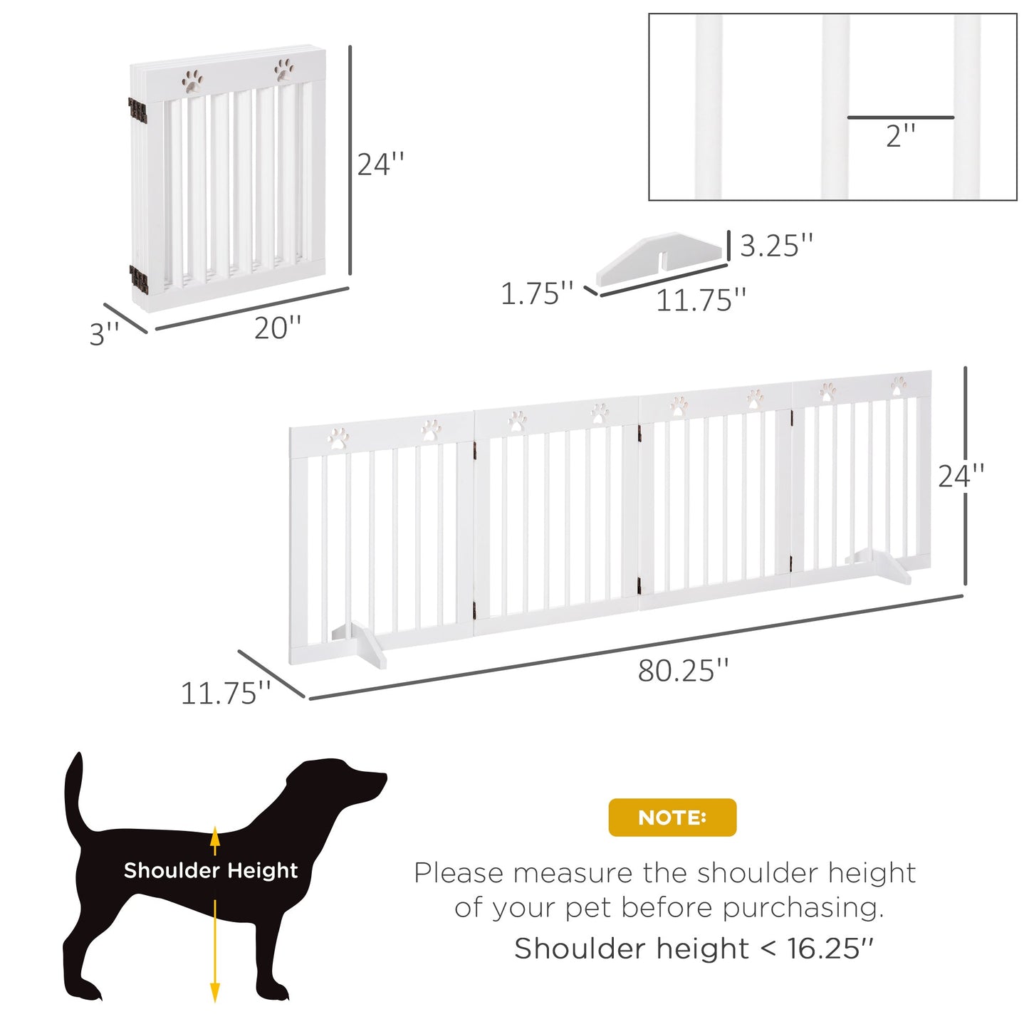 Pet Supplies-Freestanding Pet Gate with Two-Direction Hinges, Removable Feet, Wooden Dog Fence with Paw Prints, 24" x 20" Folded, White - Outdoor Style Company