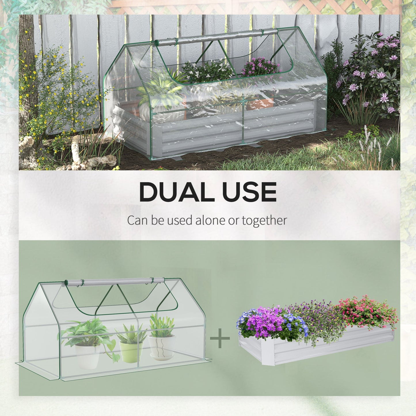 Outdoor and Garden-Garden Bed with Mini Greenhouse, Outdoor Raised Bed Box with Plastic Cover, Roll Up Window, for Flowers, Herbs, Light Gray - Outdoor Style Company