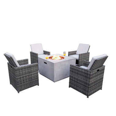 -Gray Patio 5-Piece Square Firepit Dining Set with 4 Rattan Wicker Seating Chairs - Outdoor Style Company