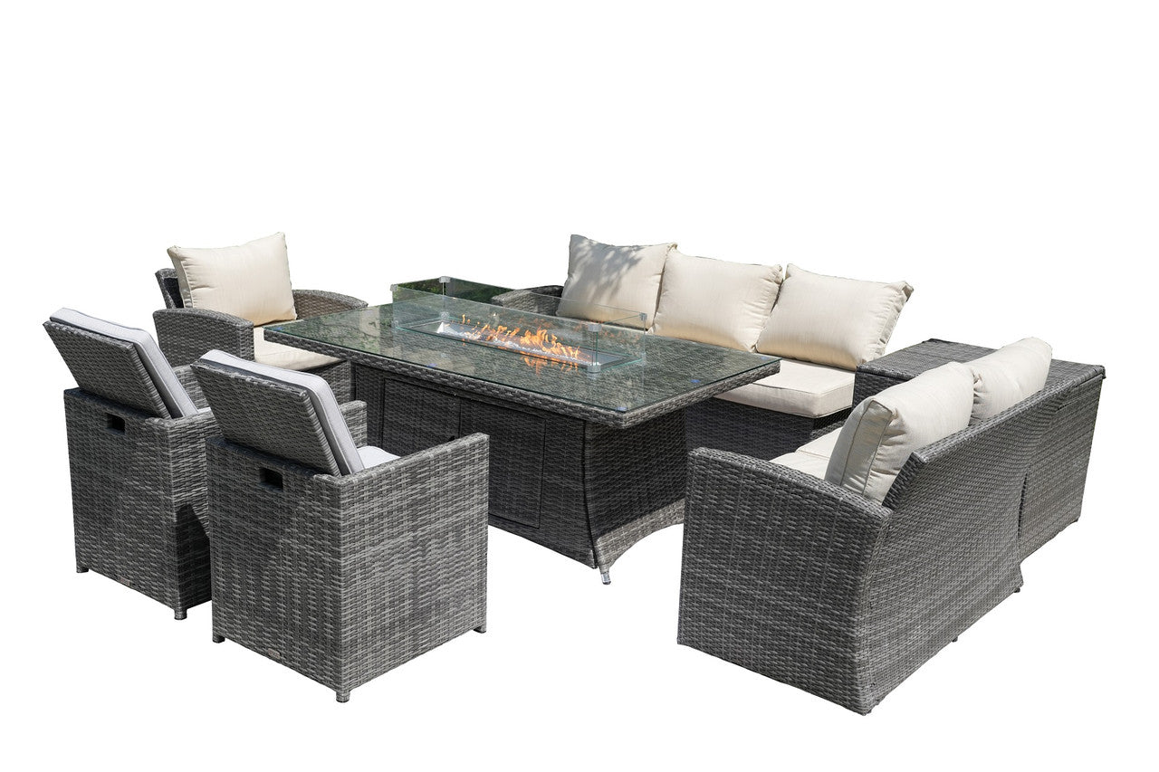 -Gray Wicker Patio Fire Pit Conversation Set with Foldable Dining Chairs - Outdoor Style Company