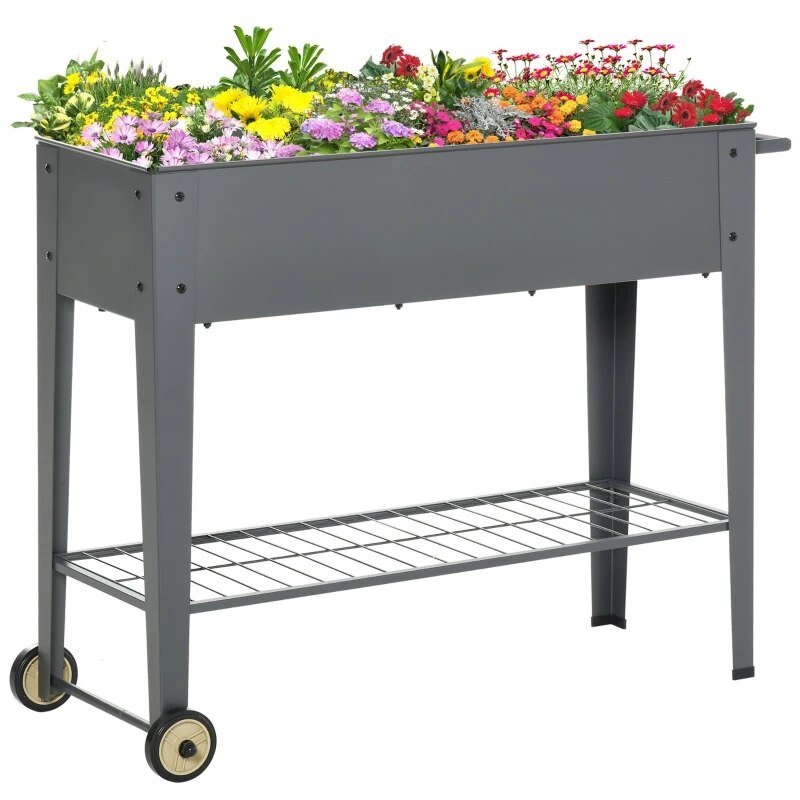 -Grey 41" x 15" x 32" Raised Garden Bed Elevated with Wheels, Metal Elevated Planter Box with Bottom Shelf - Outdoor Style Company