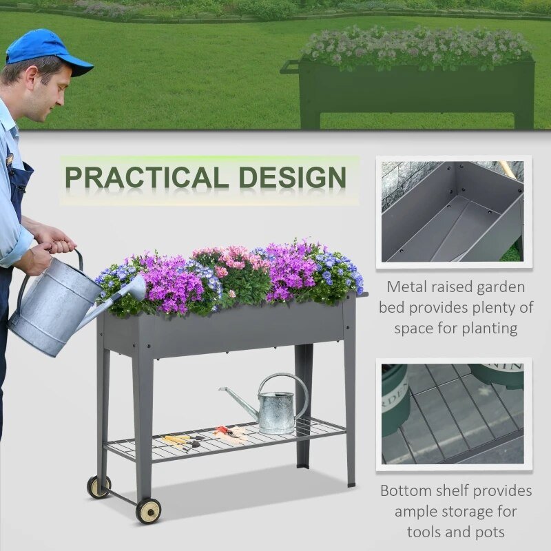 -Grey 41" x 15" x 32" Raised Garden Bed Elevated with Wheels, Metal Elevated Planter Box with Bottom Shelf - Outdoor Style Company