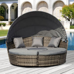 Outdoor and Garden-Grey, 4pc Rattan Patio Furniture Set, Round Convertible Daybed or Sunbed, Adjustable Sun Canopy, Sectional Sofa, 2 Chairs, Table, 3 Pillows - Outdoor Style Company