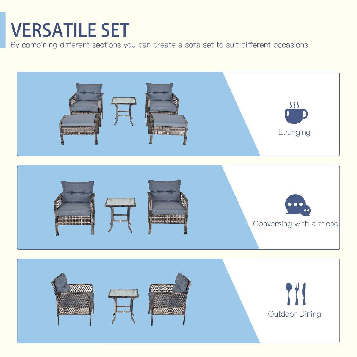 Outdoor and Garden-Grey, 5-Piece Outdoor PE Rattan Wicker Patio All Weather Conversation Sofa Furniture Set with 2 Cushioned Armchair, 2 Ottomans and Coffee Table - Outdoor Style Company