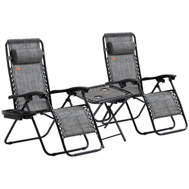 Outdoor and Garden-Grey Fabric, Zero Gravity Lounger Chair Set of 3, Folding Reclining Patio Chair with Side Table, Cup Holder and Headrest for Poolside, Camping, Grey - Outdoor Style Company