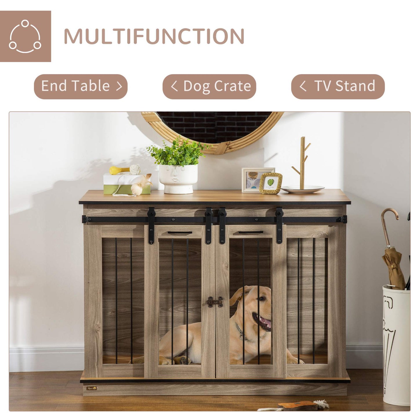Pet Supplies-Heavy Duty Dog Crate, Dog Cage End Table with Divider Panel, Dog Crate Furniture for Large Dog and 2 Small Dogs, Oak - Outdoor Style Company