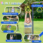 Sports and Fitness-Heavy-Duty Metal Swing Sets for Backyard, with A-Frame Swing Stand, Saucer Swing, Glider, Slide, Gym Rings, Basketball Hoop - Outdoor Style Company