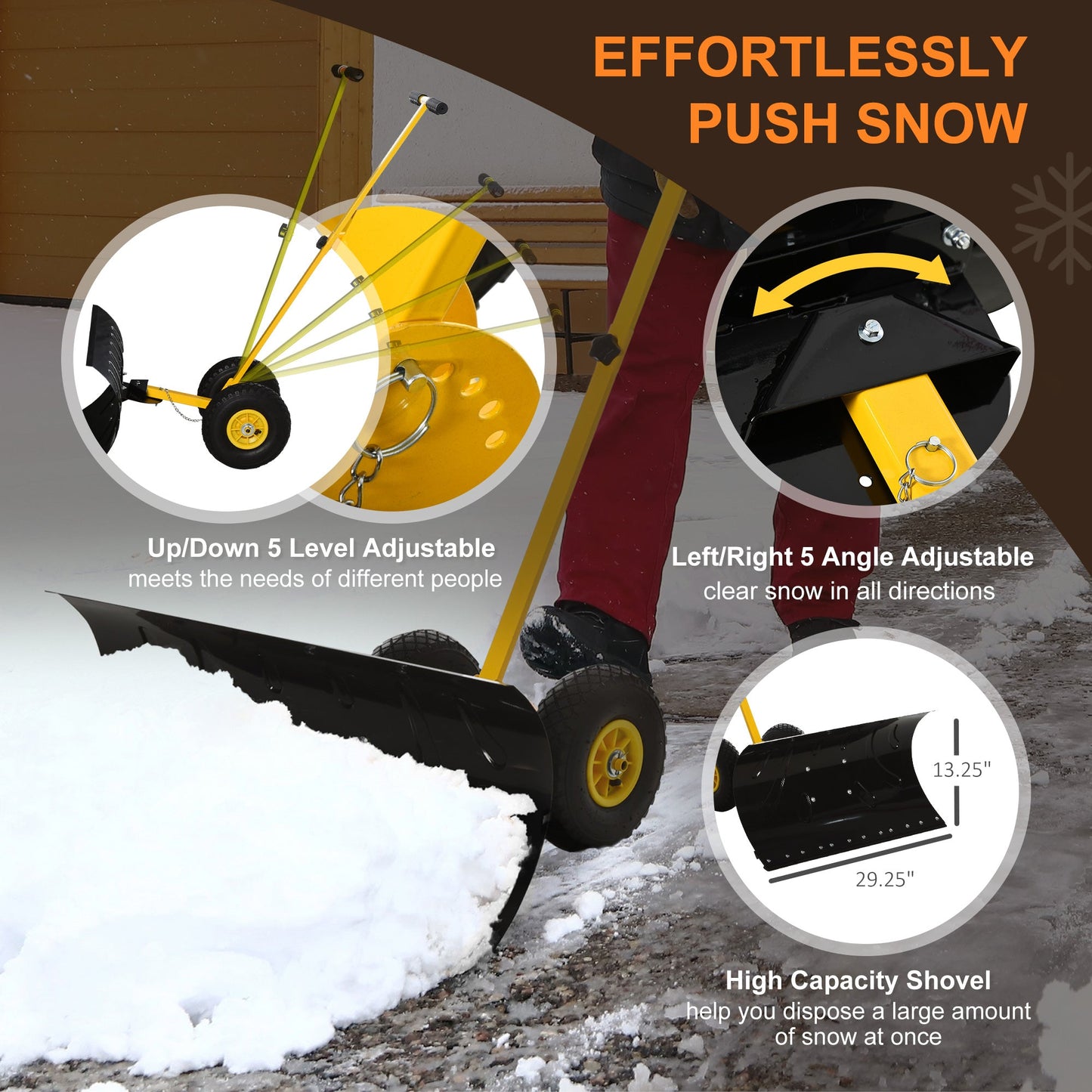 Miscellaneous-Heavy-Duty Snow Shovel Rolling Pusher with 29'' Blade, 10'' Wheels and Angle-Adjustable Handle Yellow - Outdoor Style Company