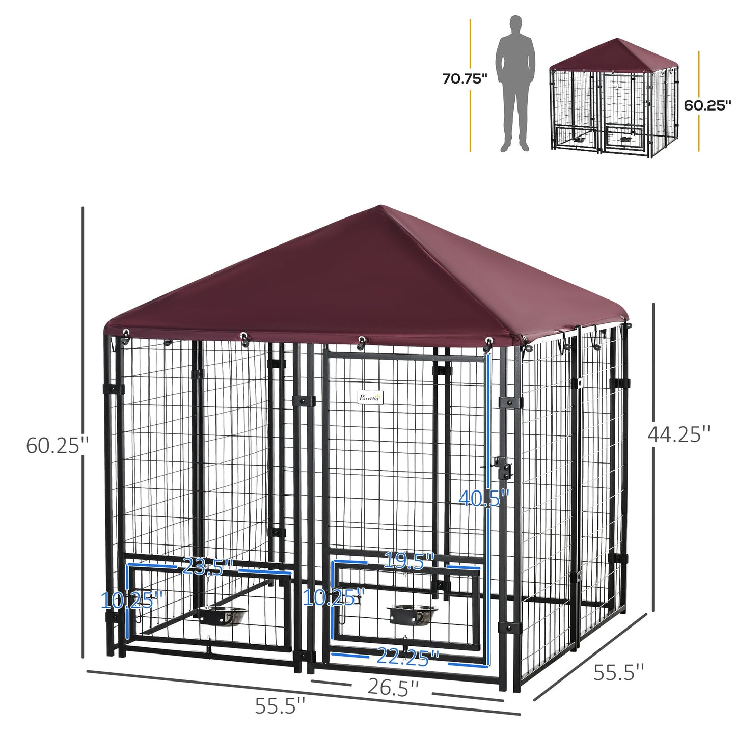 Pet Supplies-Indoor/Outdoor Metal Dog Crate, Dog House with Lock, Weather Resistant Canopy and 2 Bowl Holders and Bowls, 4.6' x 4.6' x 5', Black / Red - Outdoor Style Company