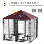 Pet Supplies-Indoor/Outdoor Metal Dog Crate, Dog House with Lock, Weather Resistant Canopy and 2 Bowl Holders and Bowls, 4.6' x 4.6' x 5', Black / Red - Outdoor Style Company