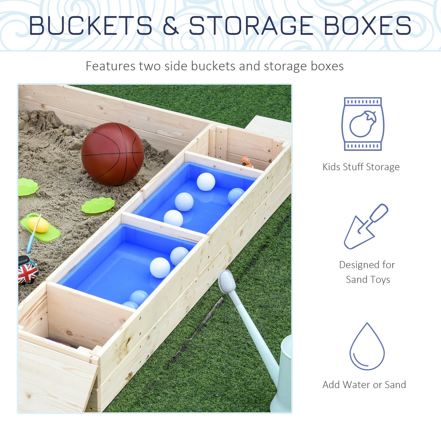 Kids Wooden Sandbox w/ 2 Side Buckets Convertible Bench Seat Waterproof Cover Bottom Liner Storage Space