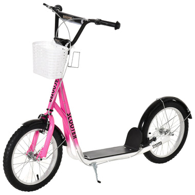 Toys-kiddies Scooter, Kick Scooter with Adjustable Handlebars, Double Brakes, 16" Inflatable Rubber Tires, Basket, Cupholder, Mudguard, Pink - Outdoor Style Company