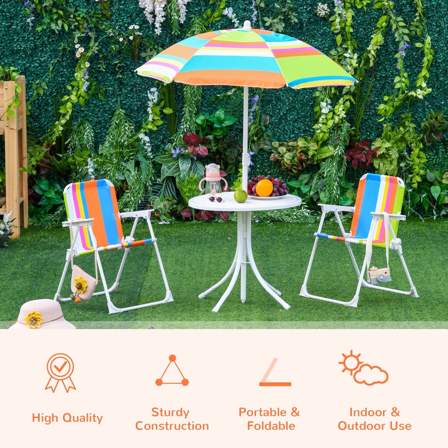 Outdoor and Garden-Kids Folding Table and Chairs Set Color Stripes for Outdoor Garden Patio Backyard with Removable & Height Adjustable Sun Umbrella, Multi - Outdoor Style Company