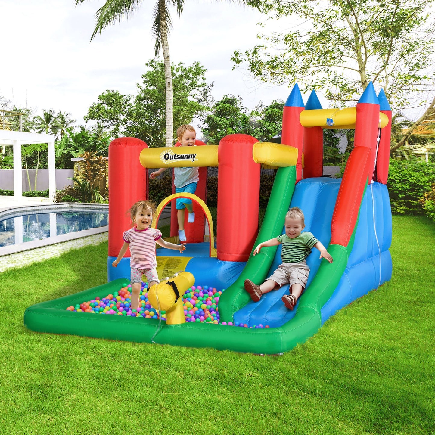 Miscellaneous-Kids Inflatable Water Slide 6 in 1 Water Park Bounce House Jumping Castle Water Pool Climbing Wall Basket w/ Air Blower for Summer Playland - Outdoor Style Company