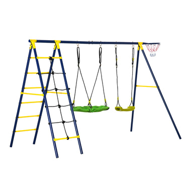 Toys and Games-Kids Metal Swing Set, Outdoor Play Equipment w/ Saucer Swing, Basket Hoop, Climb Ladder, Net, A-Frame Metal Stand, for 3-10 Years Old, Green - Outdoor Style Company