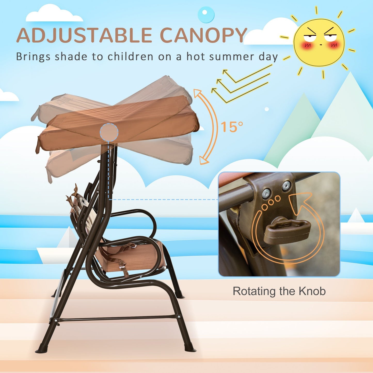 Toys and Games-Kids Patio Swing Chair, Children Outdoor 2-Seat Porch Bench Toddler Glider with Canopy, Seat Belt, Monkey Pattern for 3-6 Years Old, Coffee - Outdoor Style Company