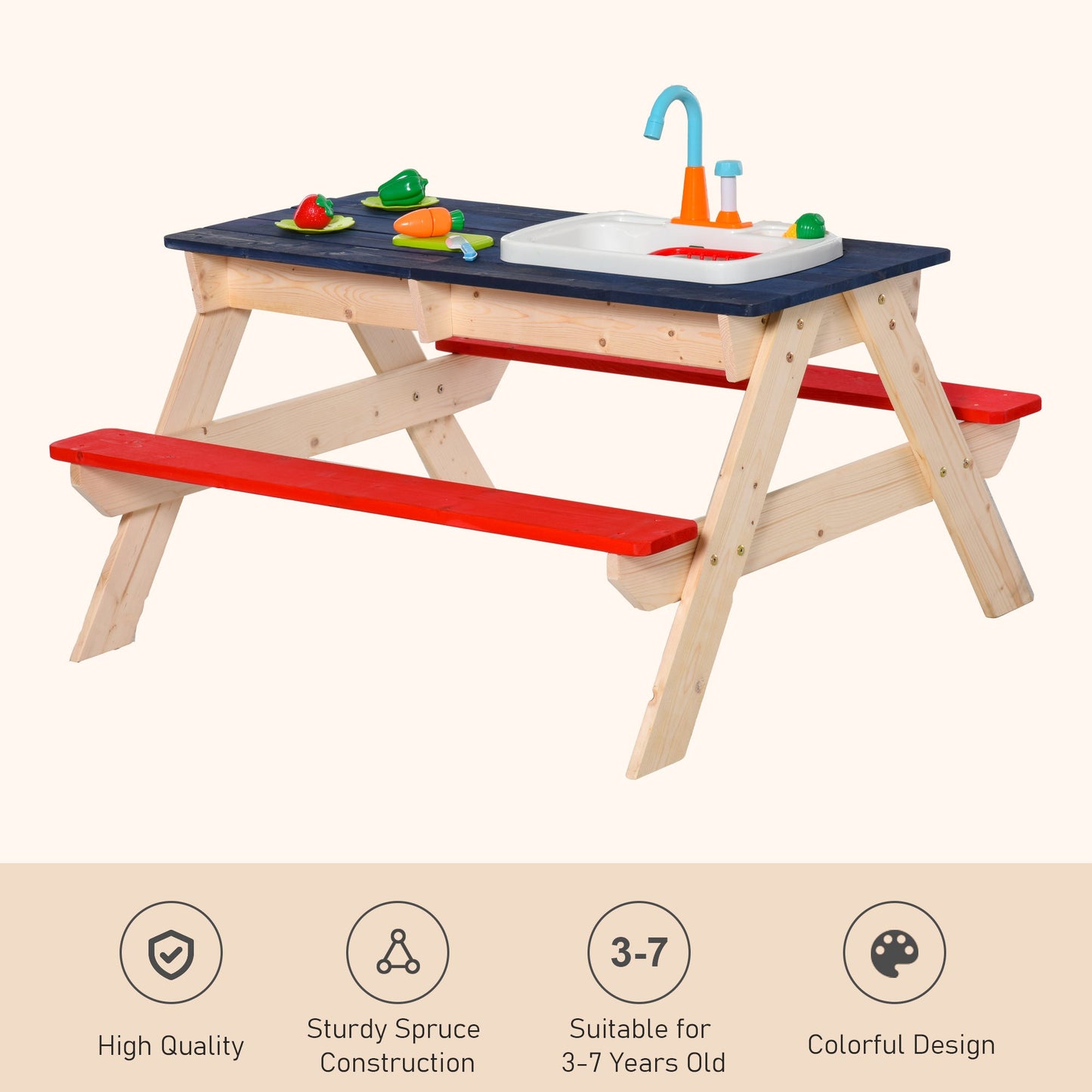 Outdoor and Garden-Kids Picnic Table and Bench Set with Sandbox, Outdoor Sand & Water Table with Kitchen Toys, Water Circulation Faucet & Vegetable Accessories - Outdoor Style Company