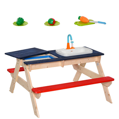 Outdoor and Garden-Kids Picnic Table and Bench Set with Sandbox, Outdoor Sand & Water Table with Kitchen Toys, Water Circulation Faucet & Vegetable Accessories - Outdoor Style Company