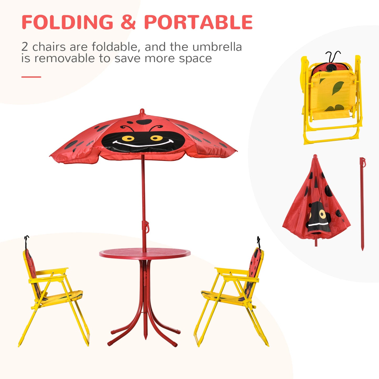 Outdoor and Garden-Kids Picnic Table and Chair Set, Outdoor Folding Garden Furniture, for Patio Backyard, with Ladybird Pattern, Removable & Height Adjustable - Outdoor Style Company