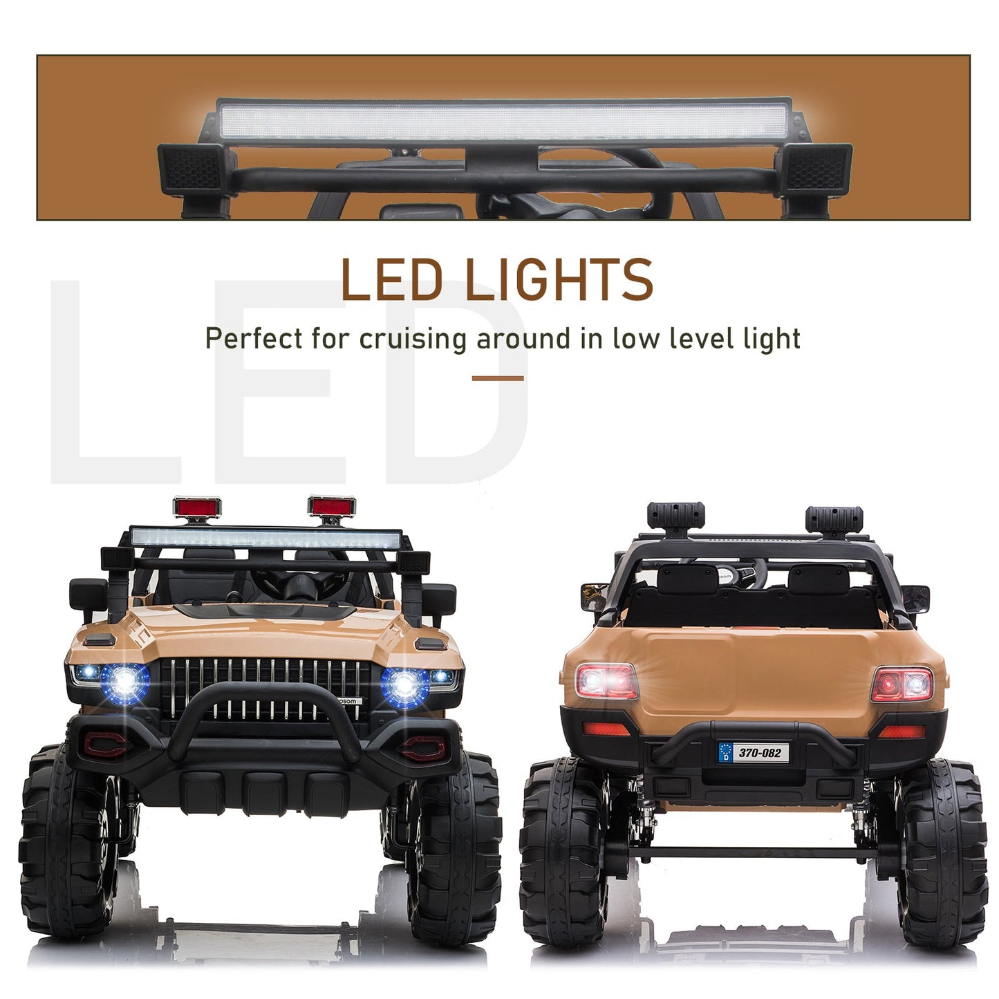 Toys-Kids Ride-On Car 12V RC 2-Seater Police Truck Electric Car For Kids with Full LED Lights, MP3 & Parental Remote Control, Tan - Outdoor Style Company