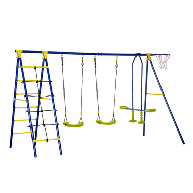 Toys and Games-Kids Swing Set for Backyard, Outdoor Play Equipment, with Adjustable Swing Seat, Glider, Basket Hoop, Climb Ladder & Rope, A-Frame Metal - Outdoor Style Company