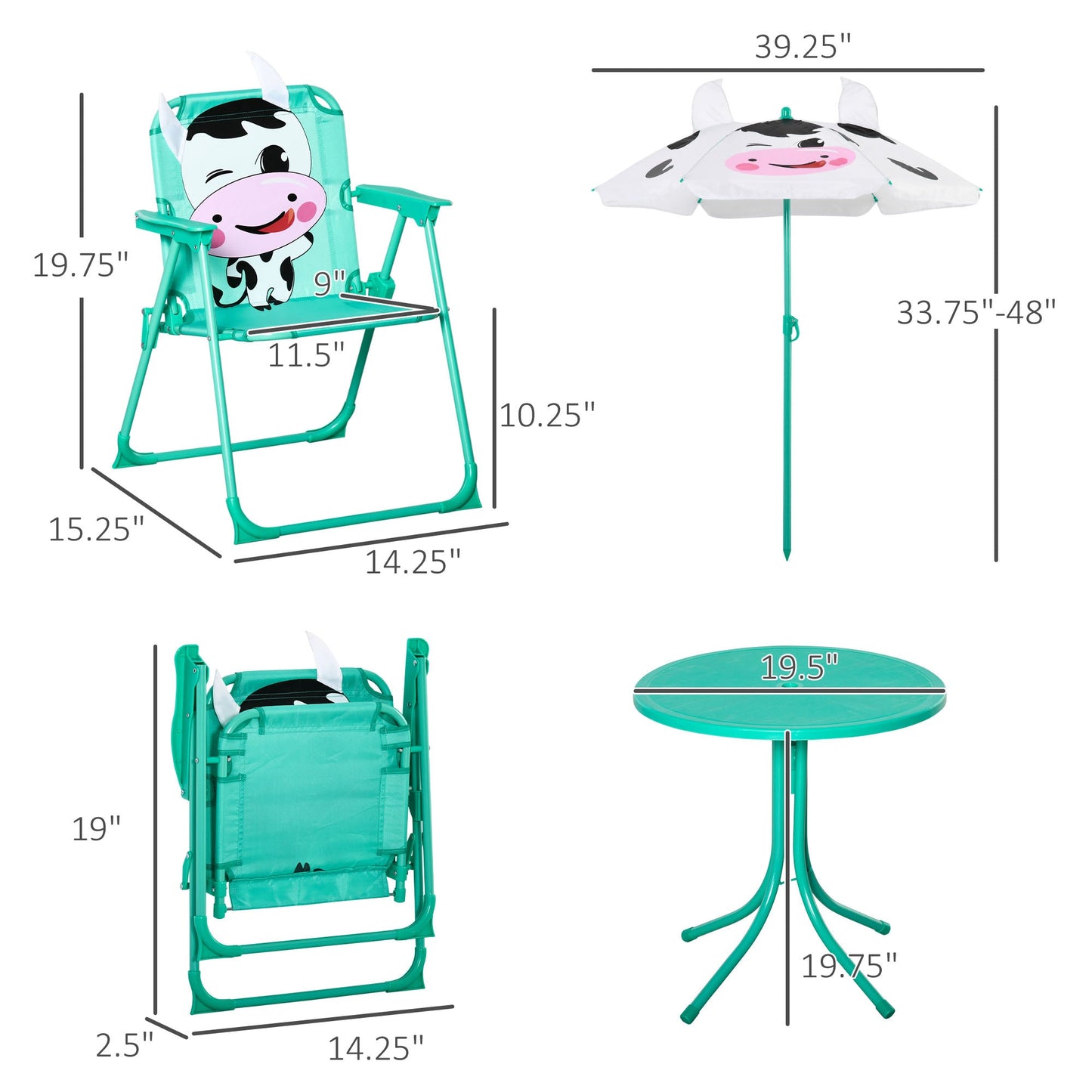 Outdoor and Garden-Kids Table and Chair Set, Outdoor Folding Garden Furniture for Patio, with Dairy Cow Pattern, Removable & Umbrella, Aged 3-6 Years Old, Green - Outdoor Style Company