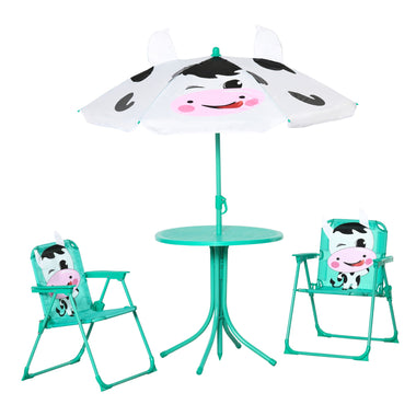 Outdoor and Garden-Kids Table and Chair Set, Outdoor Folding Garden Furniture for Patio, with Dairy Cow Pattern, Removable & Umbrella, Aged 3-6 Years Old, Green - Outdoor Style Company