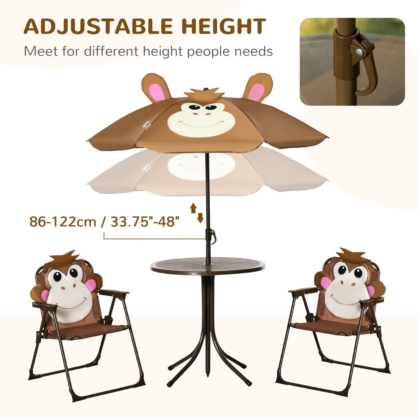 Outdoor and Garden-Kids Table and Chair Set, Outdoor Folding Garden Furniture, for Patio with Monkey Pattern, Removable & Adjustable Umbrella, 3-6 Years Old - Outdoor Style Company
