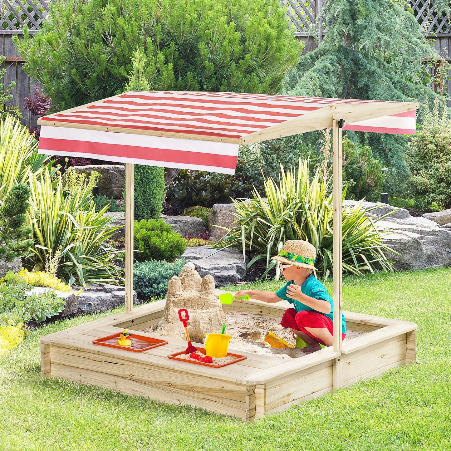 Toys and Games-Kids Wooden Sandbox, Covered Children Sand Playset Outdoor, w/ Adjustable Canopy Shade, Bottom Liner, Seat, Plastic Basin, Natural - Outdoor Style Company