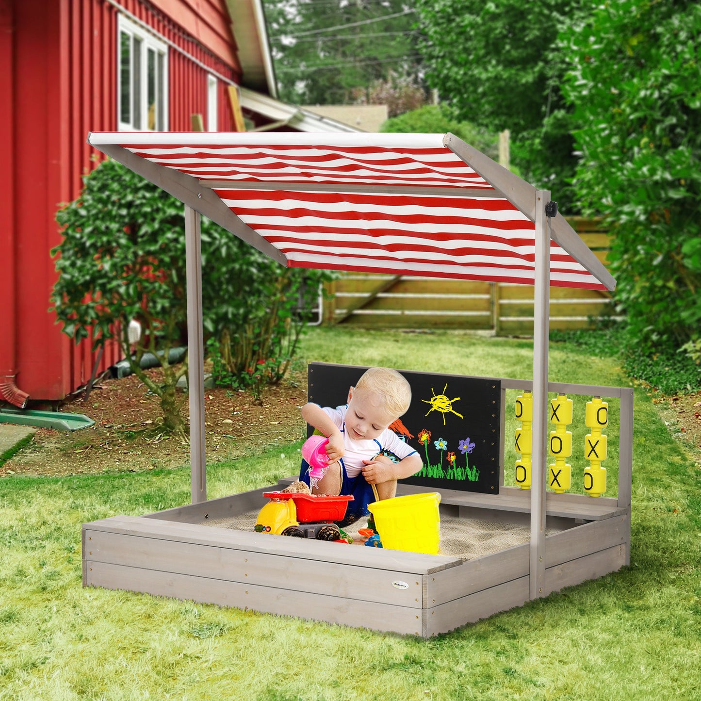 Outdoor and Garden-Kids Wooden Sandbox with Adjustable Canopy, Bench Seats, Ground Liner, 45x45in Outdoor Sand Box for Backyard, Lawn, Garden, Gray - Outdoor Style Company