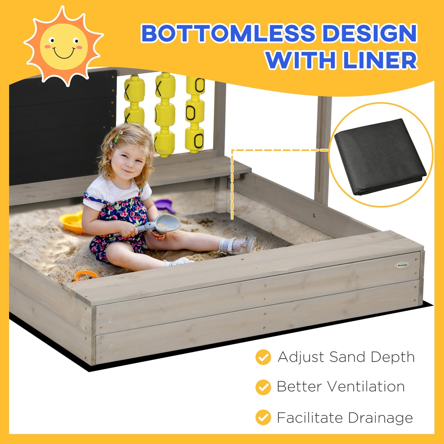 Outdoor and Garden-Kids Wooden Sandbox with Adjustable Canopy, Bench Seats, Ground Liner, 45x45in Outdoor Sand Box for Backyard, Lawn, Garden, Gray - Outdoor Style Company