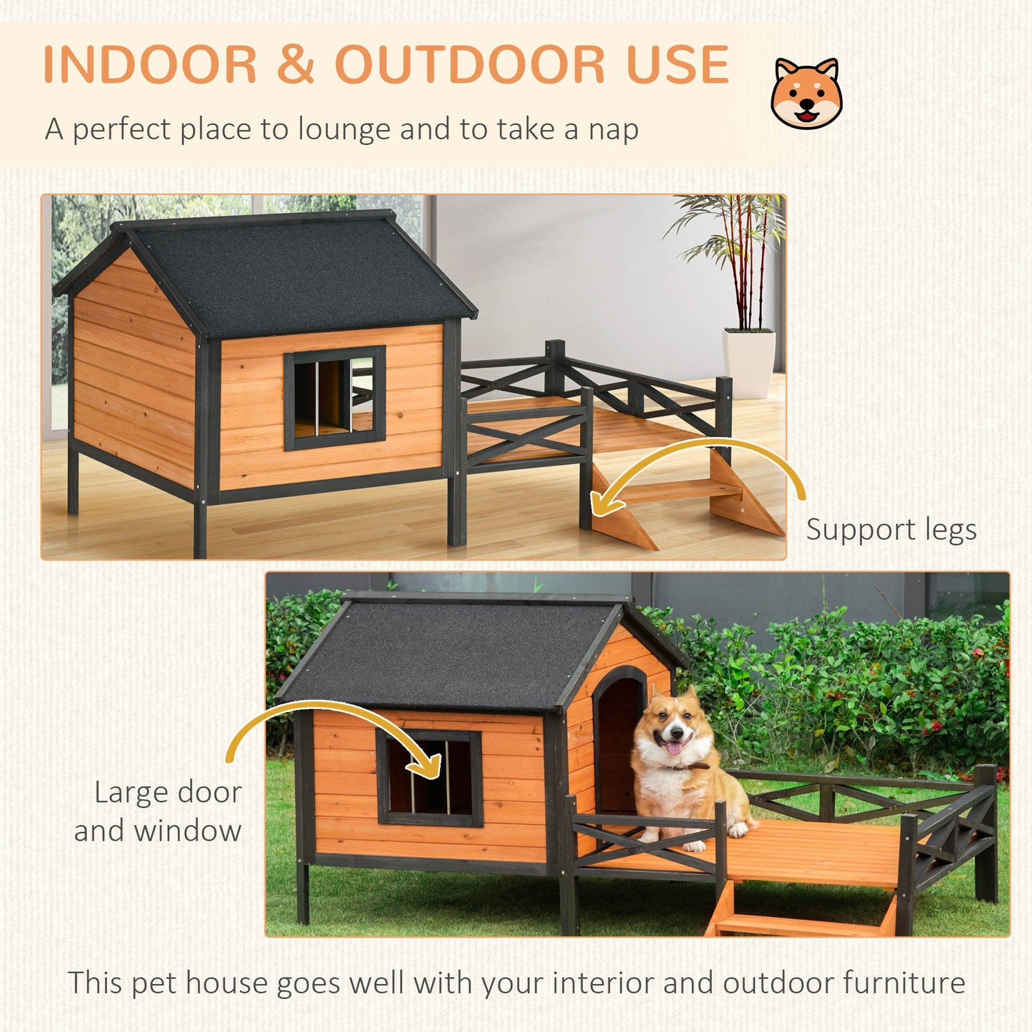 Pet Supplies-Large Dog House with Porch for Expansive Size, XL Wooden Elevated Dog Shelter, 67", Natural - Outdoor Style Company