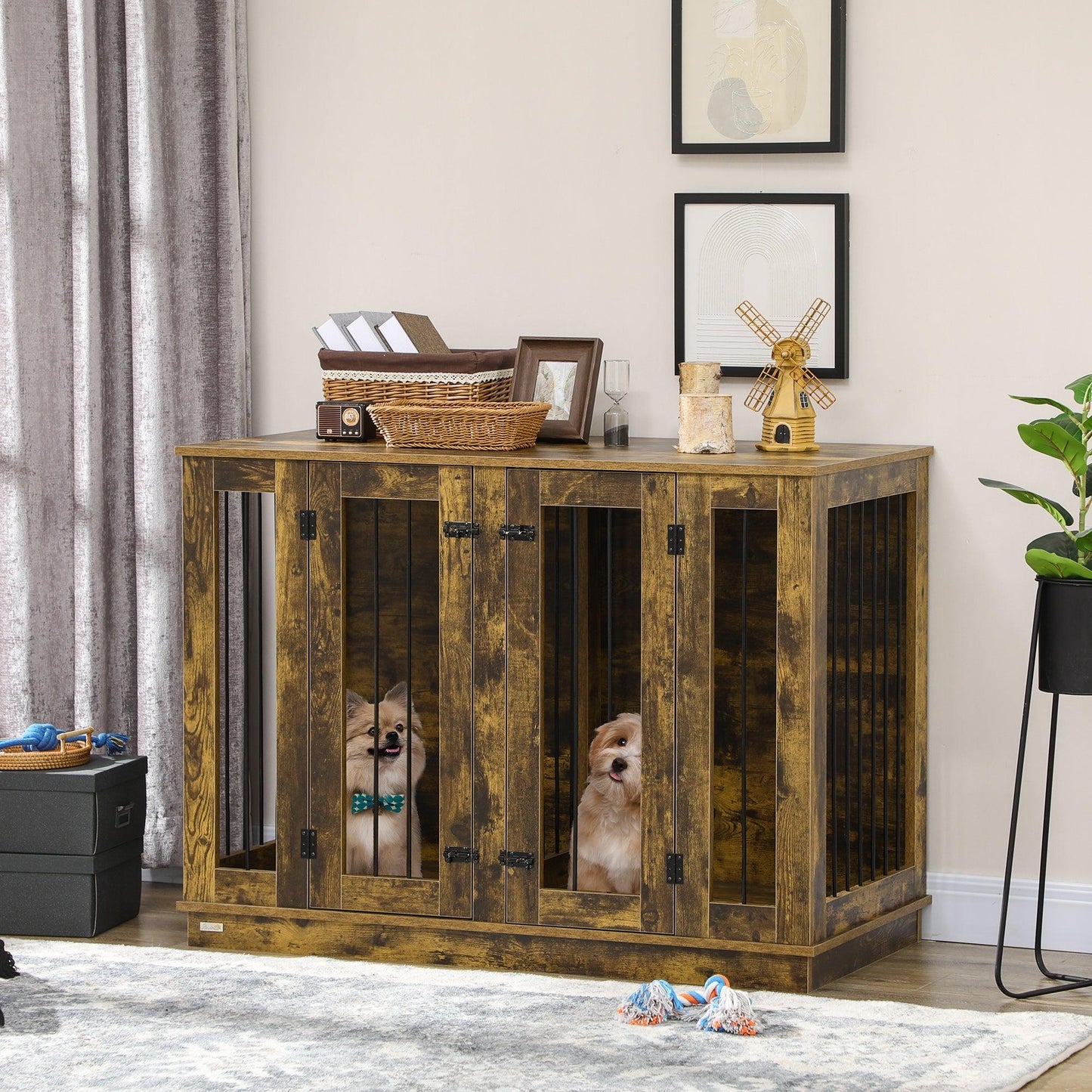 Pet Supplies-Large Furniture Style Dog Crate with Removable Panel, End Table with 2 Rooms Design & 2 Front Doors, Rustic Brown, 47" x 23.5" x 35" - Outdoor Style Company