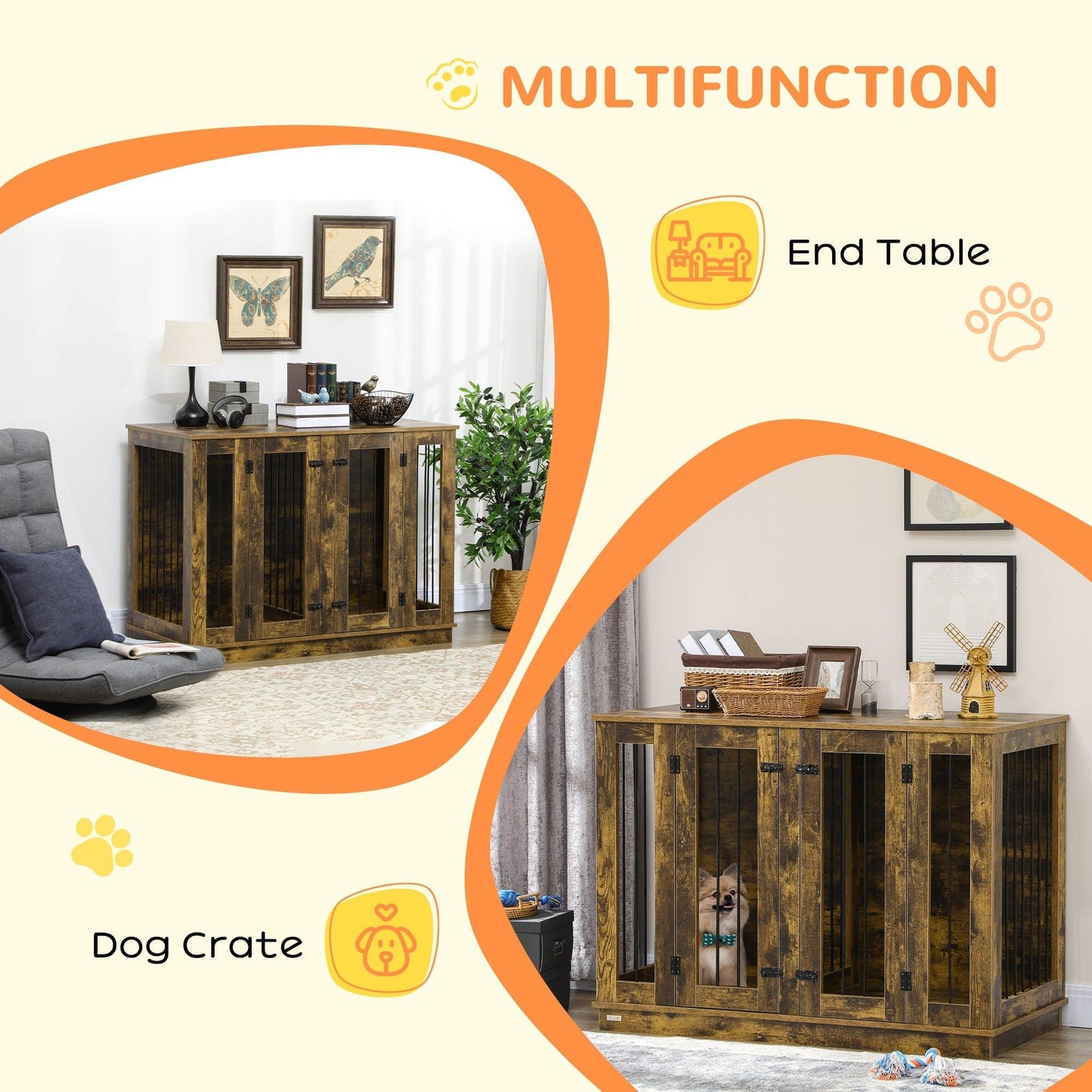 Pet Supplies-Large Furniture Style Dog Crate with Removable Panel, End Table with 2 Rooms Design & 2 Front Doors, Rustic Brown, 47" x 23.5" x 35" - Outdoor Style Company