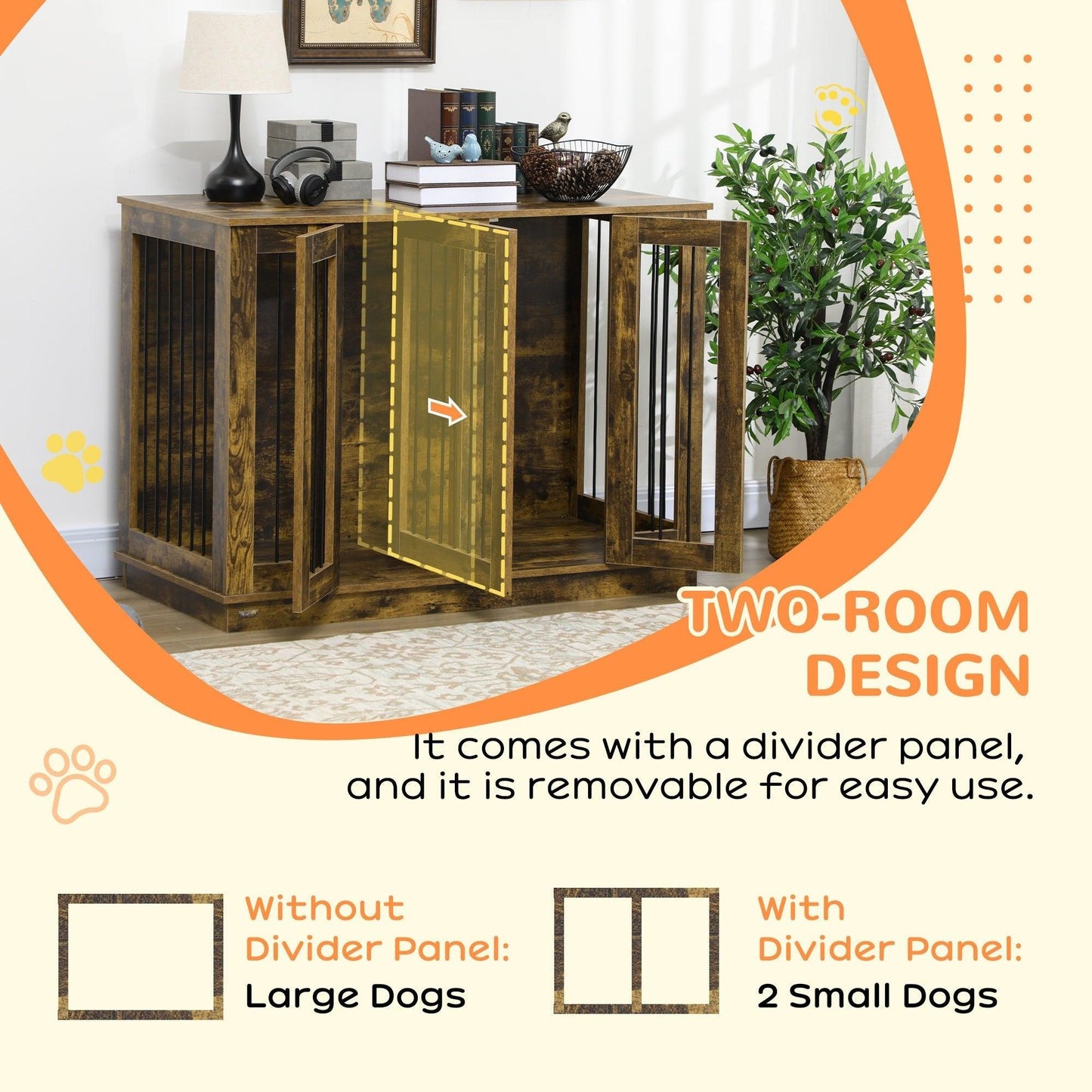 Pet Supplies-Large Furniture Style Dog Crate with Removable Panel, End Table with 2 Rooms Design & 2 Front Doors, Rustic Brown, 47" x 23.5" x 35" - Outdoor Style Company