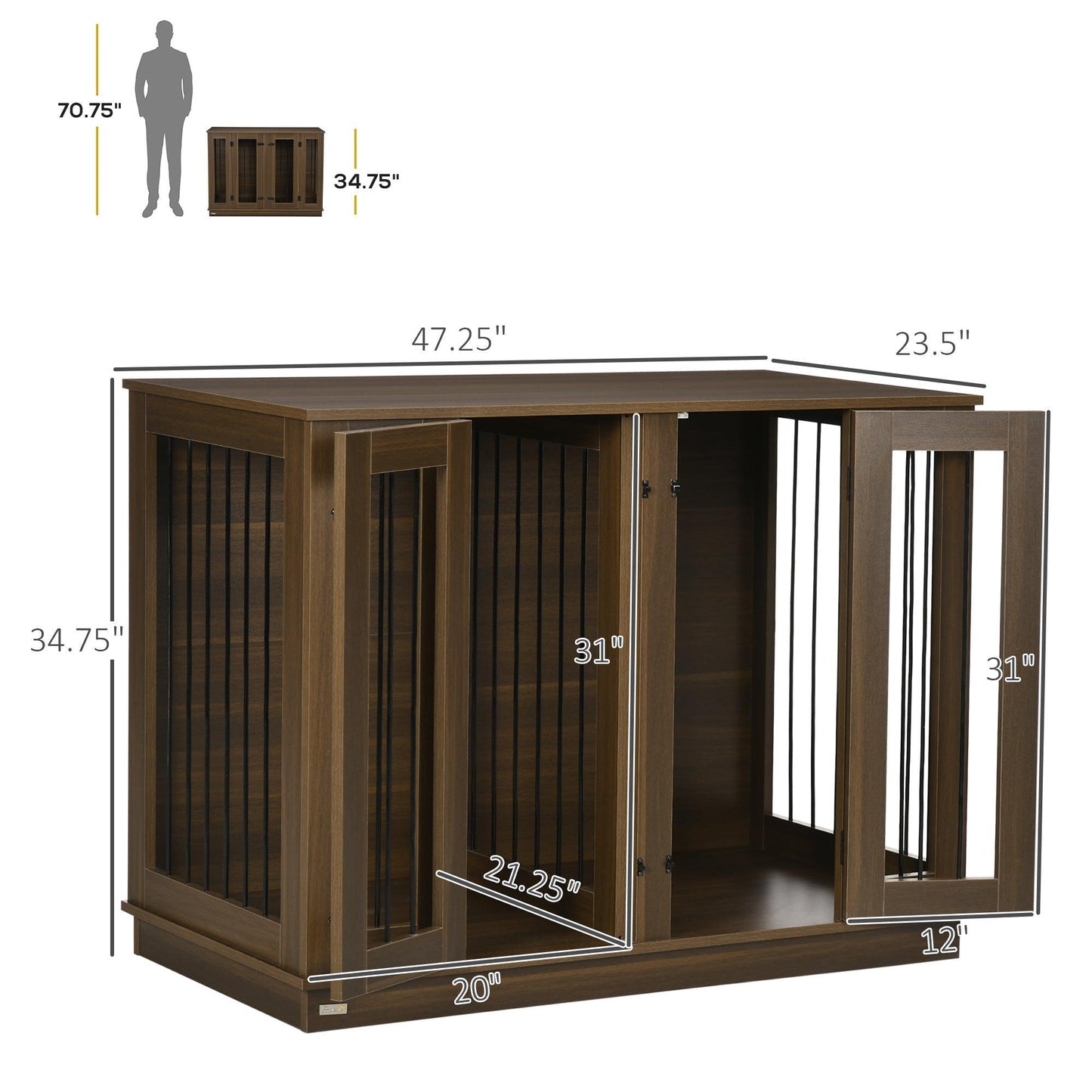 Pet Supplies-Large Furniture Style Dog Crate with Removable Panel, End Table with 2 Rooms Design & 2 Front Doors, Walnut, 47" x 23.5" x 35" - Outdoor Style Company