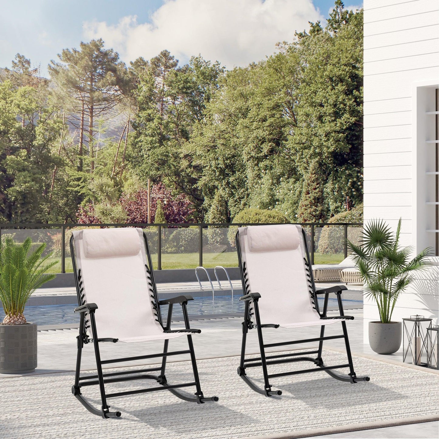 Outdoor and Garden-Mesh Outdoor Patio Folding 2-Piece Rocking Chair Set with Ergonomic & Folding Design - Cream White - Outdoor Style Company