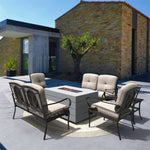 -Metal Patio Fire Pit Conversation Set Sectional Sofa with Beige Cushions - Outdoor Style Company