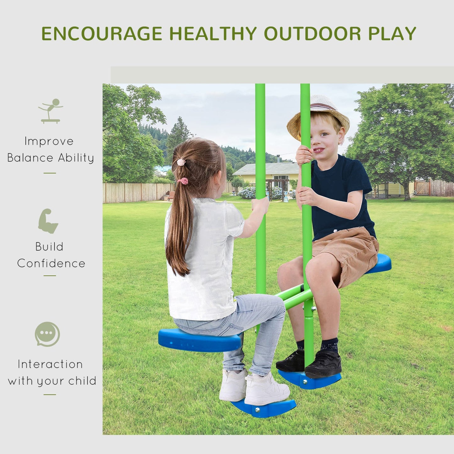 Toys and Games-Metal Swings & Seesaw Set Double Swing Seats with a Seesaw Height Adjustable Children Backyard Play Set for Toddlers Over 3 Years Old, Blue - Outdoor Style Company