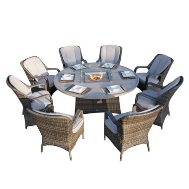 -Outdoor 8-Seat Round Fire Pit Dining Table with Eton Chair in Gray - Outdoor Style Company