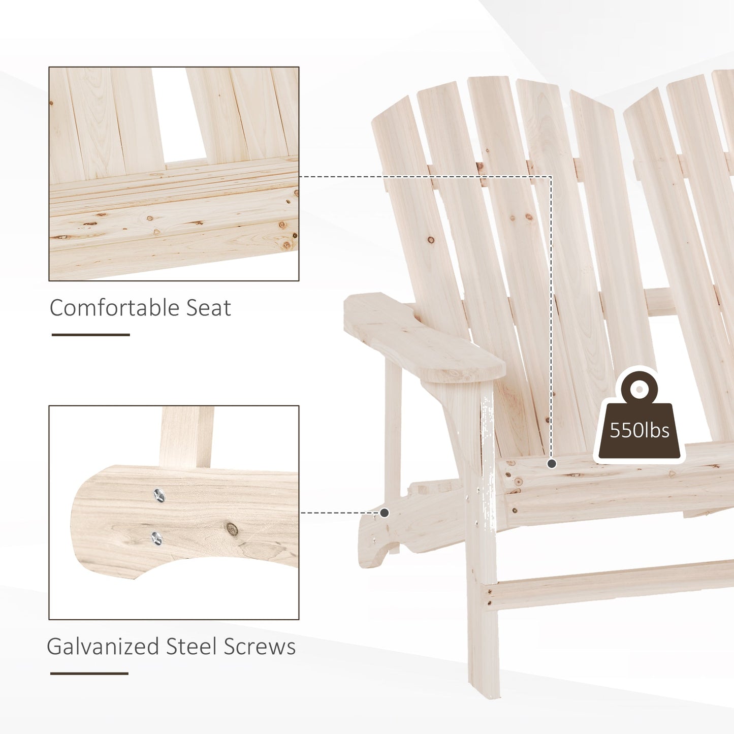 Outdoor and Garden-Outdoor Adirondack Chair, Wooden Loveseat Bench, Lounger Armchair with Flat Back for Garden, Deck, Patio, Fire Pit, Natural - Outdoor Style Company