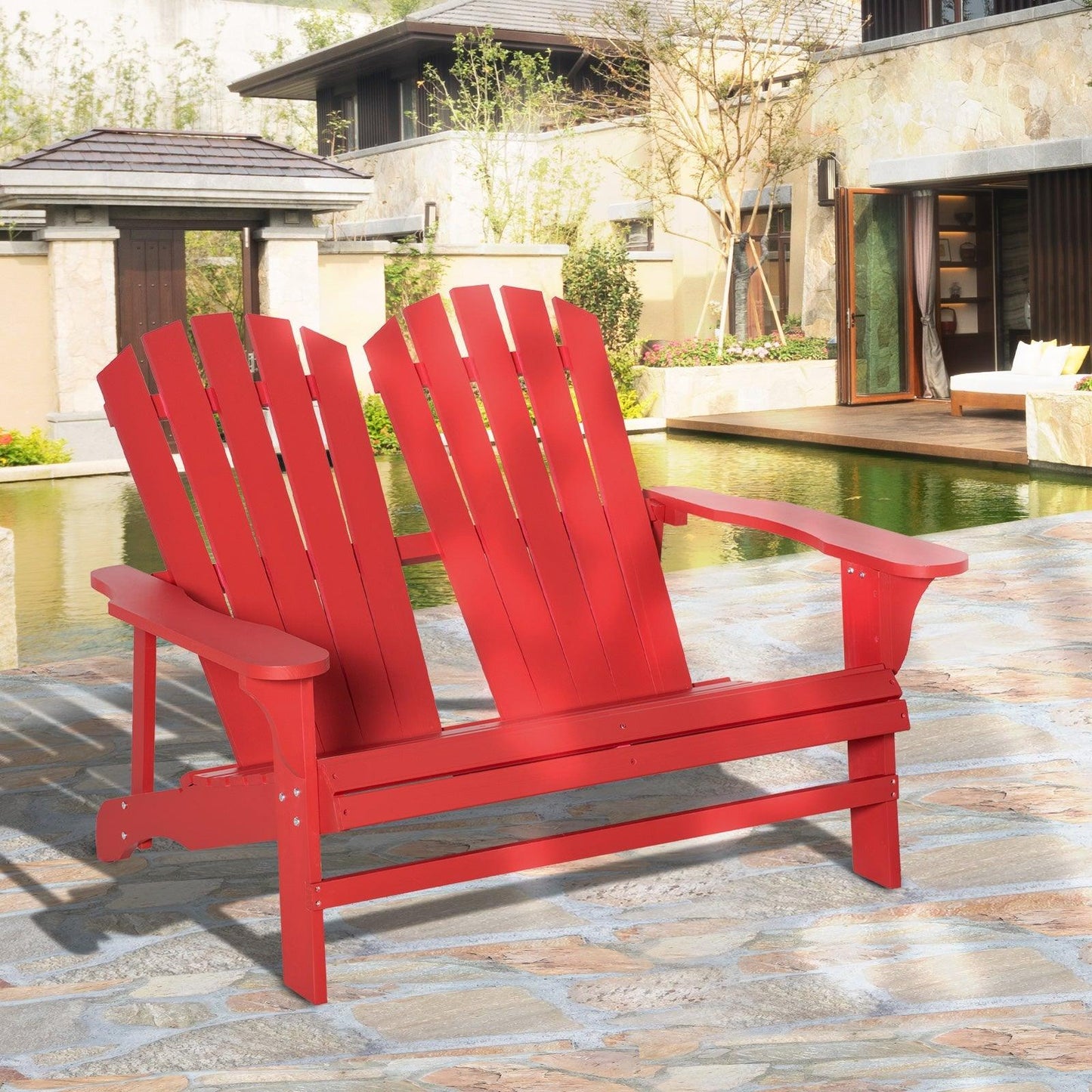 Outdoor and Garden-Outdoor Adirondack Chair, Wooden Loveseat Bench, Lounger Armchair with Flat Back for Garden, Deck, Patio, Fire Pit, Red - Outdoor Style Company